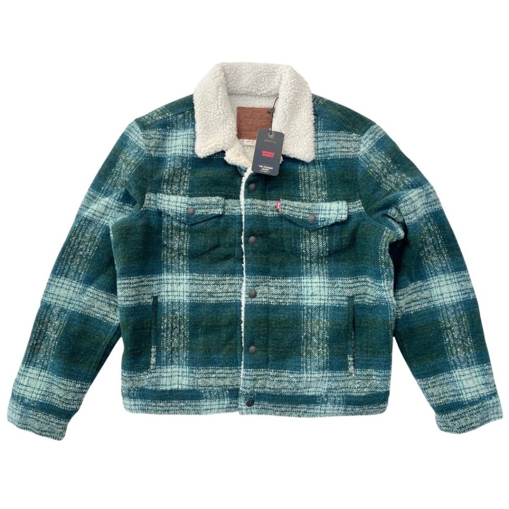 Levi's Men's M Type III Sherpa Trucker Jacket Green Plaid Wool Blend Big E NWT